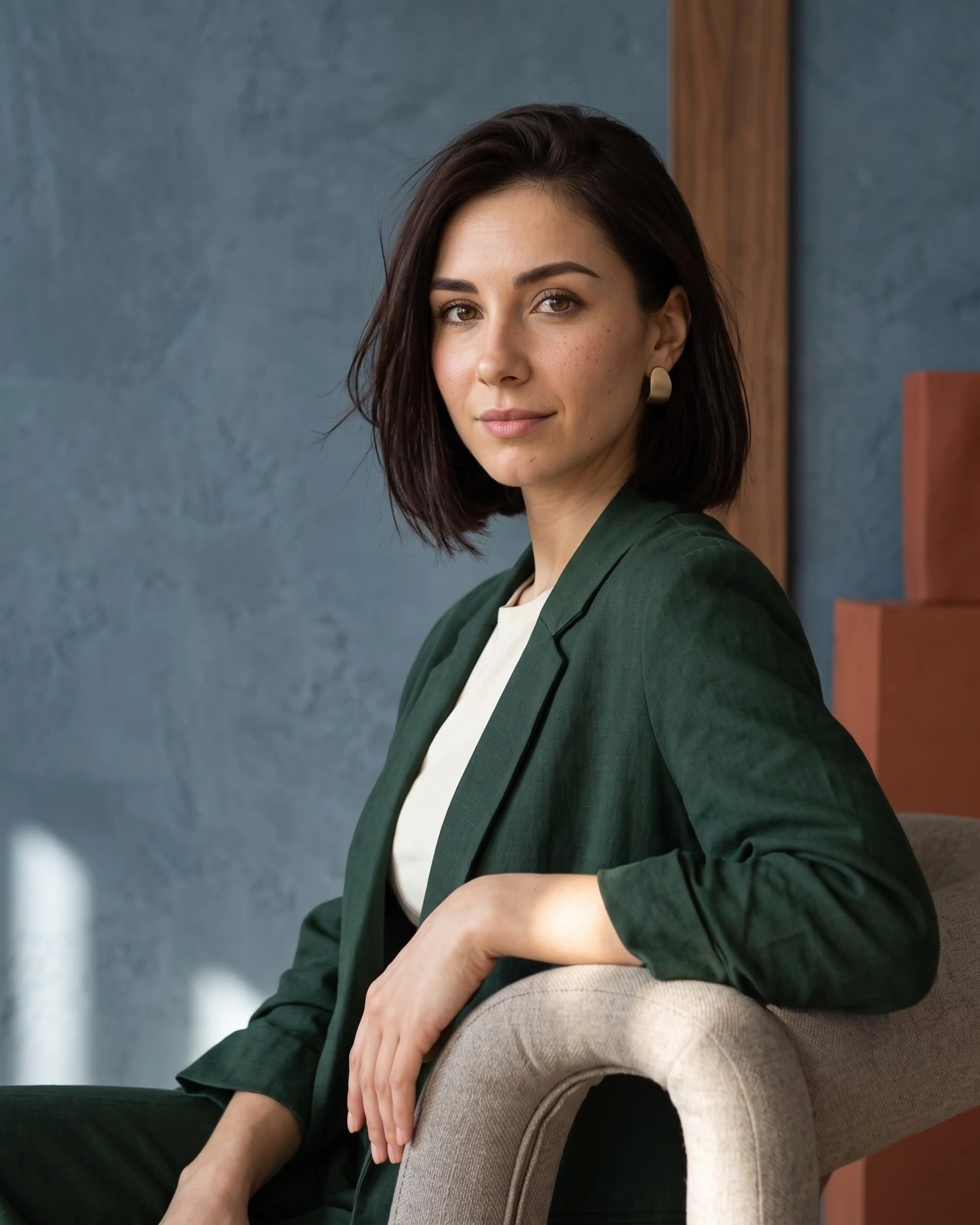 Amanda Hansen em um retrato sereno, usando um conjunto verde em um ambiente contemporâneo