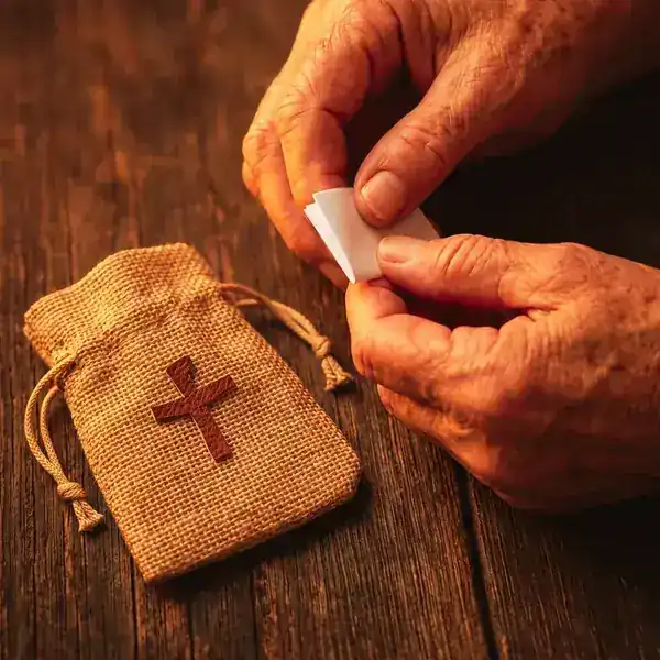 Mãos dobrando com carinho o papelzinho de orações e intenções
