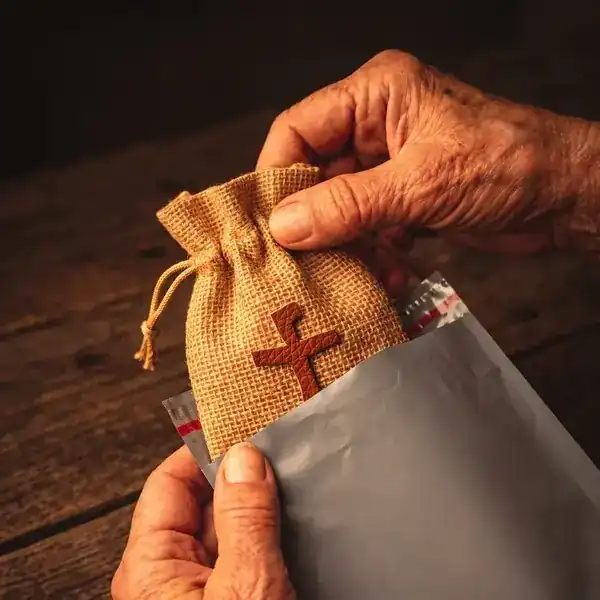 Mochilinha da Fé sendo cuidadosamente guardada na caixa de envio postal segura
